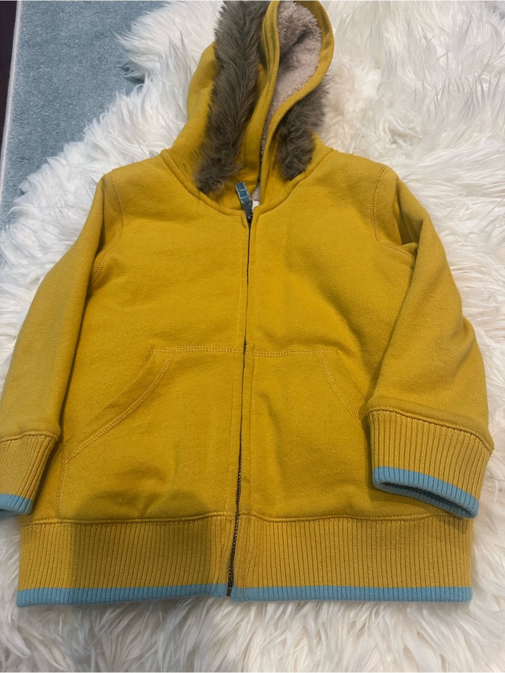 Mini Boden Mustard Hooded Zip Jacket with Faux-Fur Trim